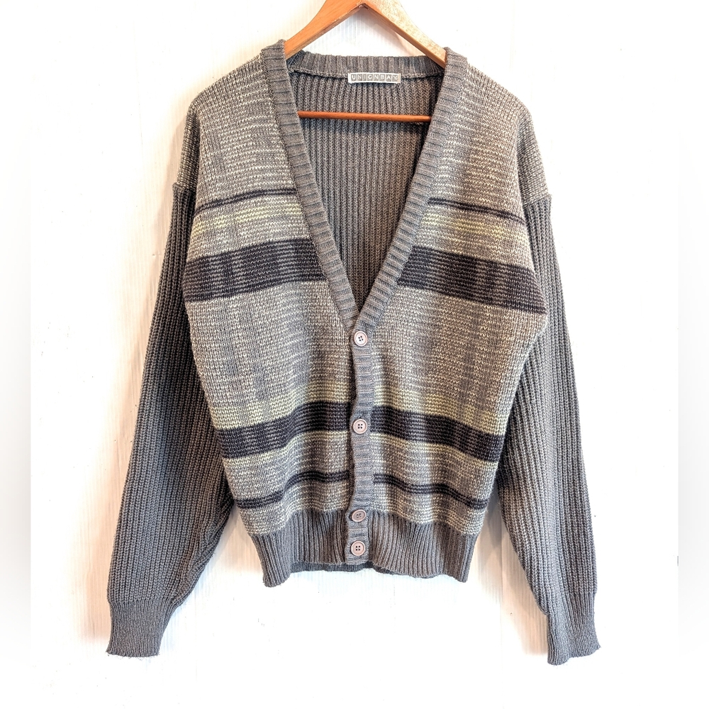 VINTAGE Unionbay Gray Striped Oversized Slouchy Grandpa Cardigan Sweater